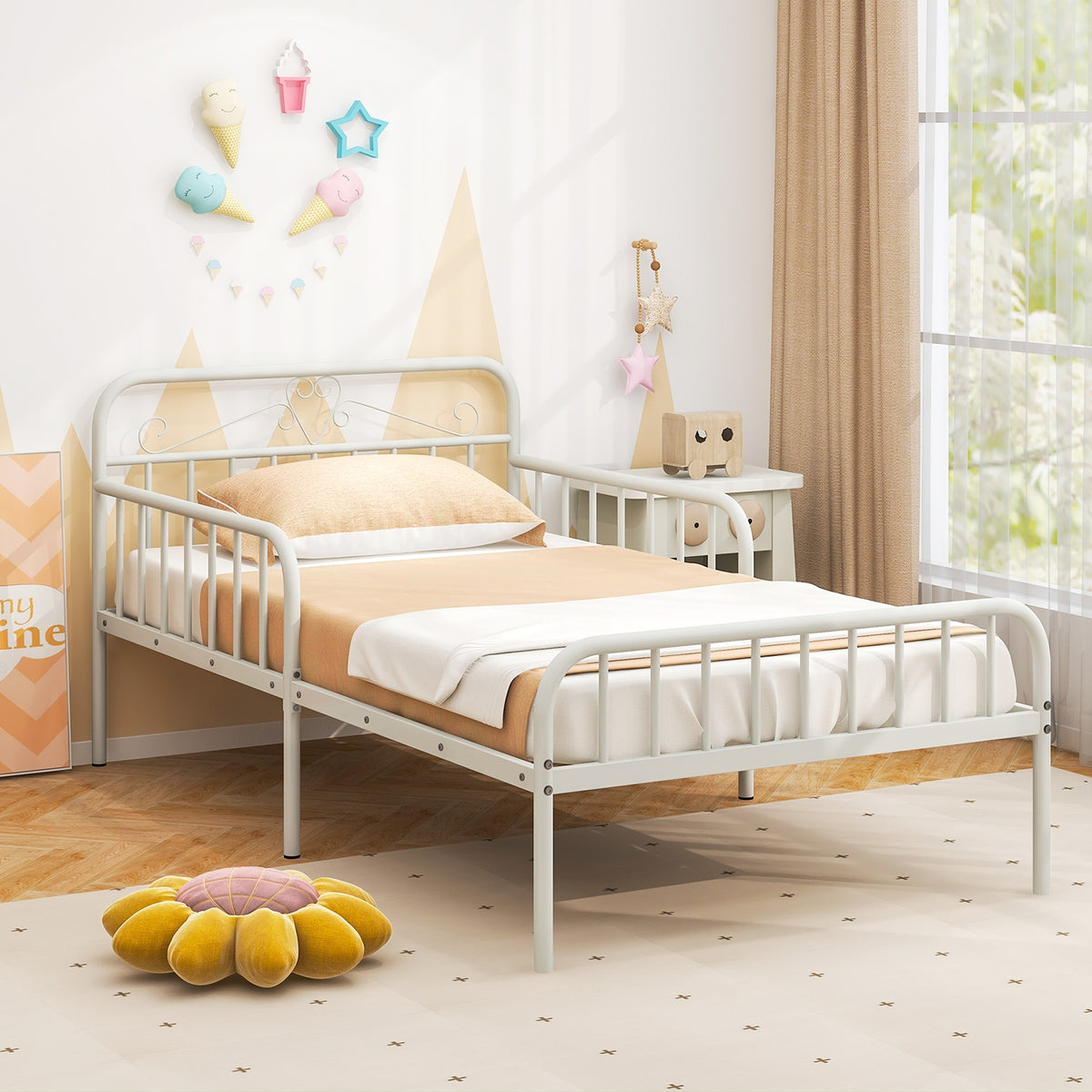 Twin Size Bed Frame with Headboard and Safety Side Guardrails-White-Simple Bed Frame-DECOROLALA