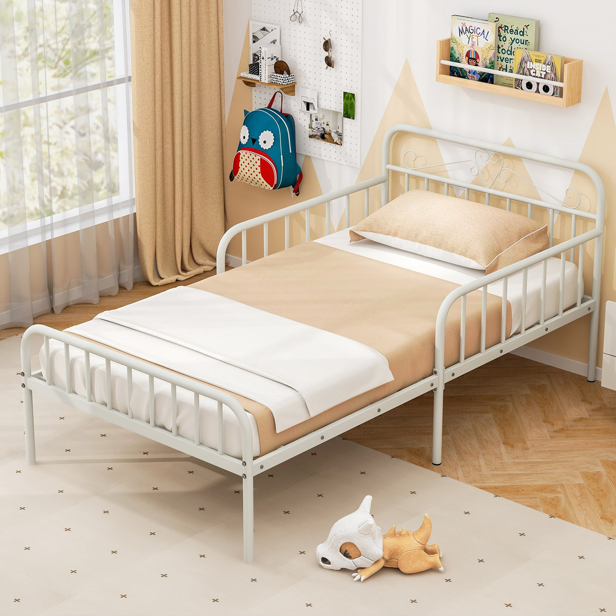 Twin Size Bed Frame with Headboard and Safety Side Guardrails-White-Simple Bed Frame-DECOROLALA