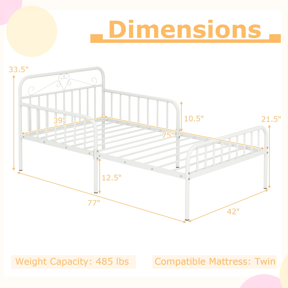 Twin Size Bed Frame with Headboard and Safety Side Guardrails-White-Simple Bed Frame-DECOROLALA
