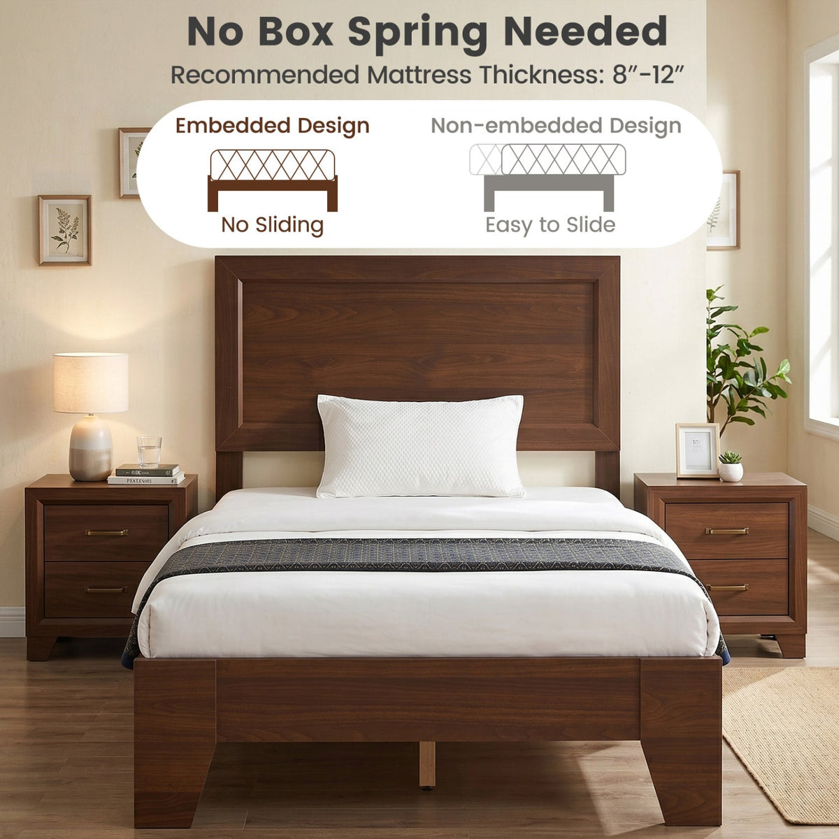 Twin Size Bed Frame with Headboard for Small Room No Box Spring Needed-Simple Bed Frame-DECOROLALA