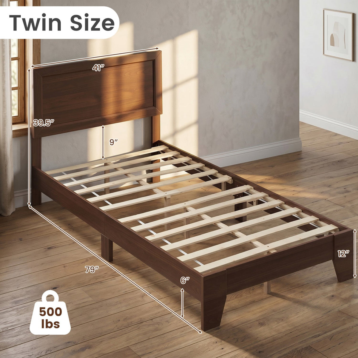 Twin Size Bed Frame with Headboard for Small Room No Box Spring Needed-Simple Bed Frame-DECOROLALA