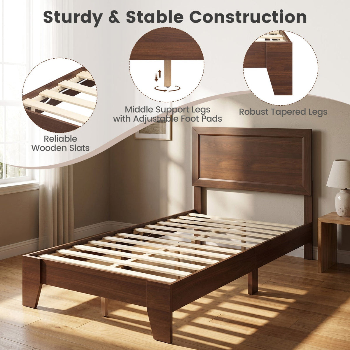 Twin Size Bed Frame with Headboard for Small Room No Box Spring Needed-Simple Bed Frame-DECOROLALA