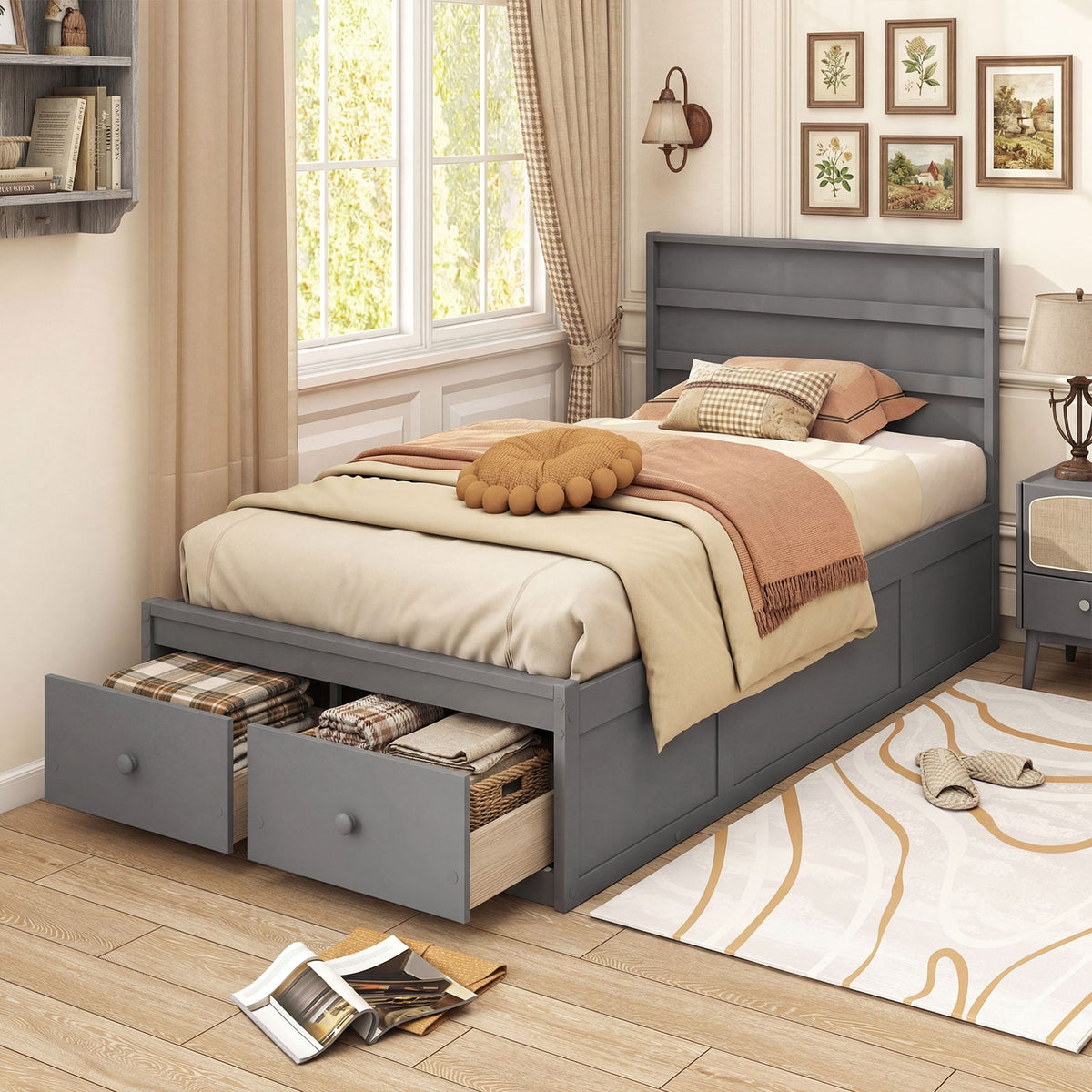 Twin Size Bed Frame with Storage Drawers and Headboard-Gray-Simple Bed Frame-DECOROLALA