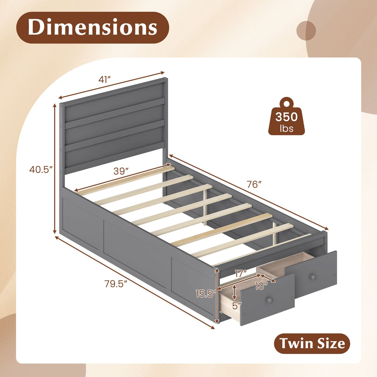 Twin Size Bed Frame with Storage Drawers and Headboard-Gray-Simple Bed Frame-DECOROLALA