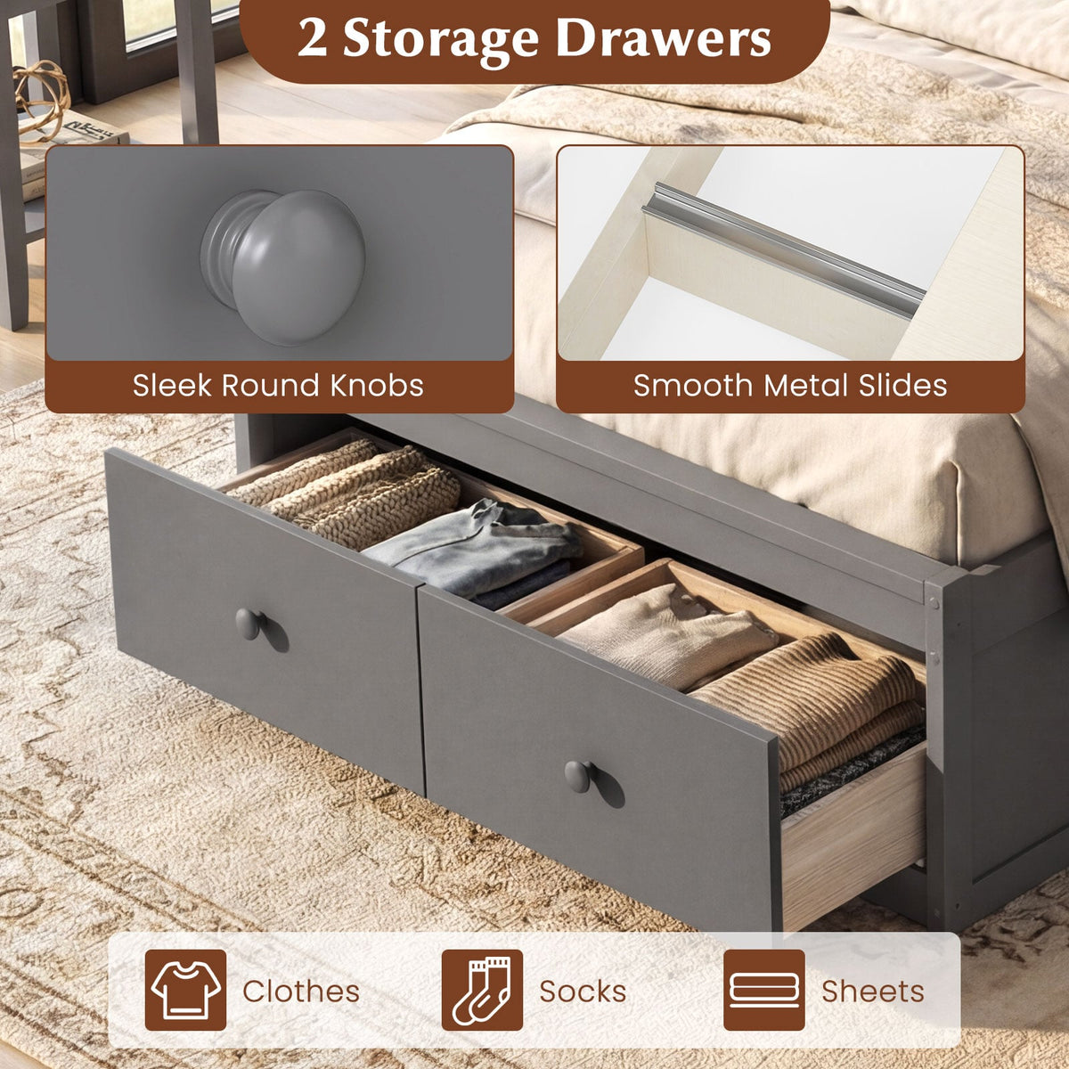 Twin Size Bed Frame with Storage Drawers and Headboard-Gray-Simple Bed Frame-DECOROLALA