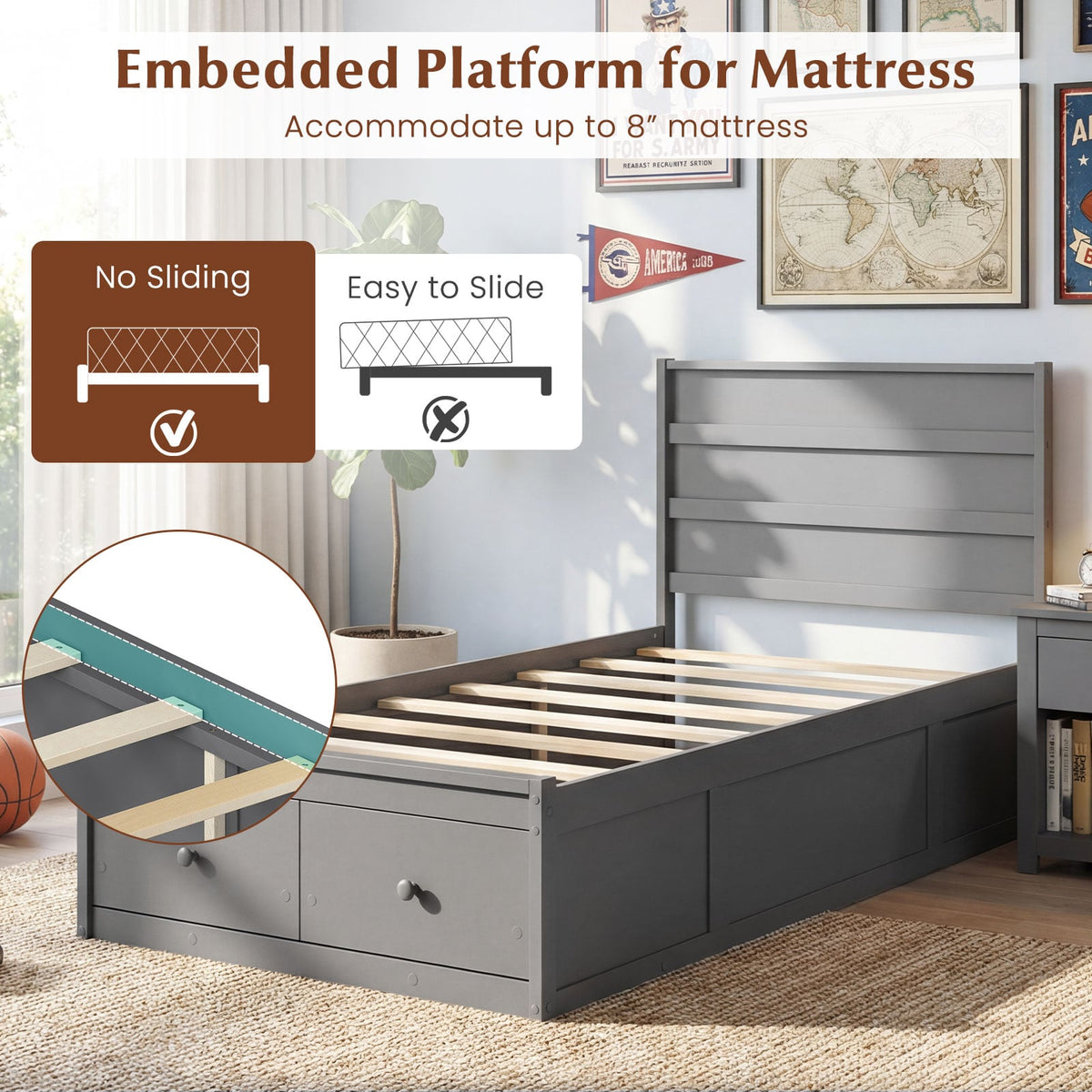 Twin Size Bed Frame with Storage Drawers and Headboard-Gray-Simple Bed Frame-DECOROLALA