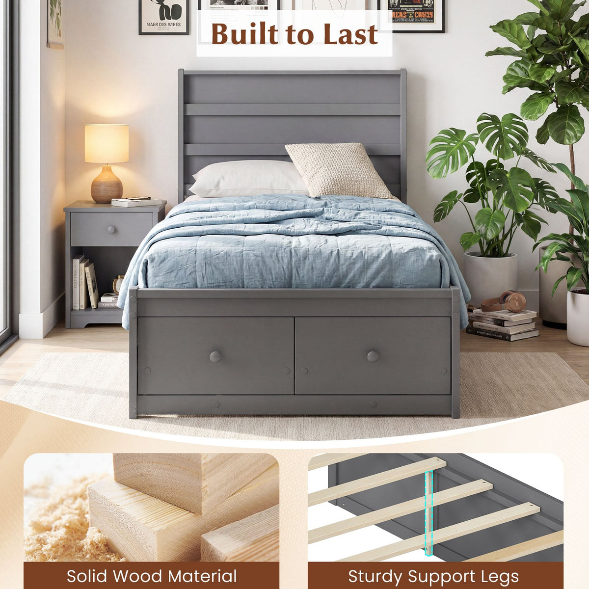 Twin Size Bed Frame with Storage Drawers and Headboard-Gray-Simple Bed Frame-DECOROLALA