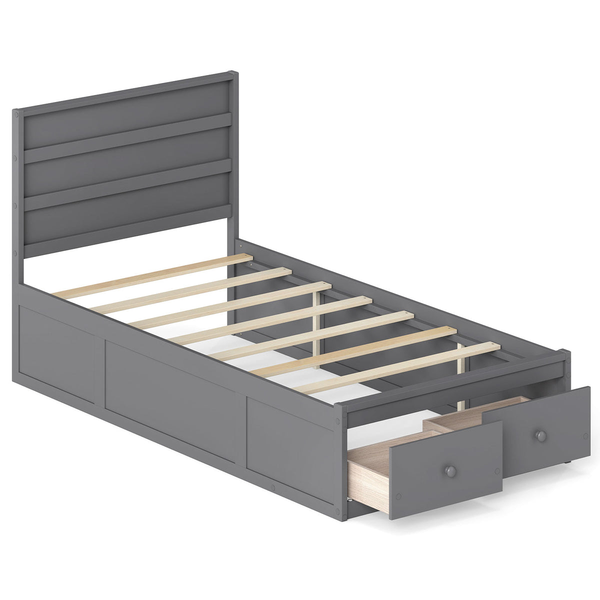 Twin Size Bed Frame with Storage Drawers and Headboard-Gray-Simple Bed Frame-DECOROLALA