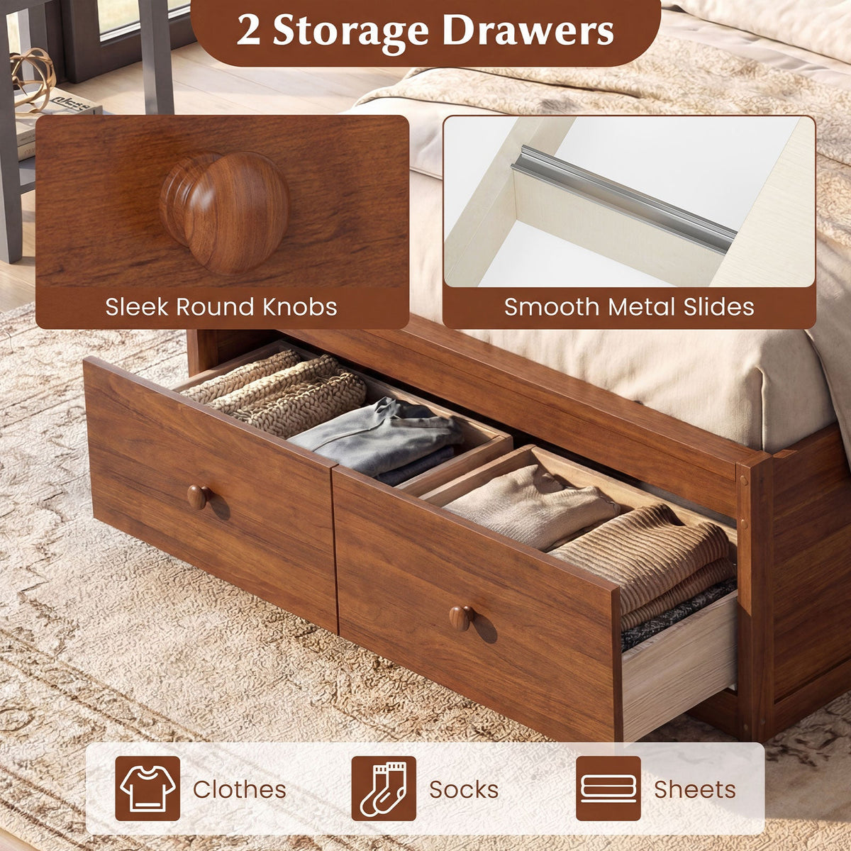 Twin Size Bed Frame with Storage Drawers and Headboard-Simple Bed Frame-DECOROLALA