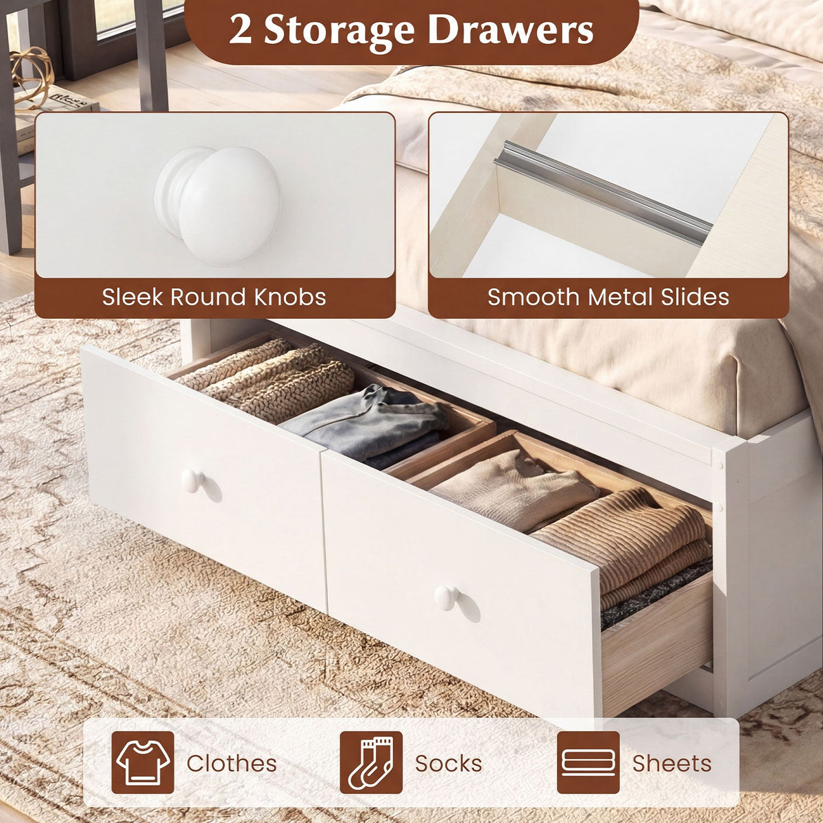 Twin Size Bed Frame with Storage Drawers and Headboard-Simple Bed Frame-DECOROLALA