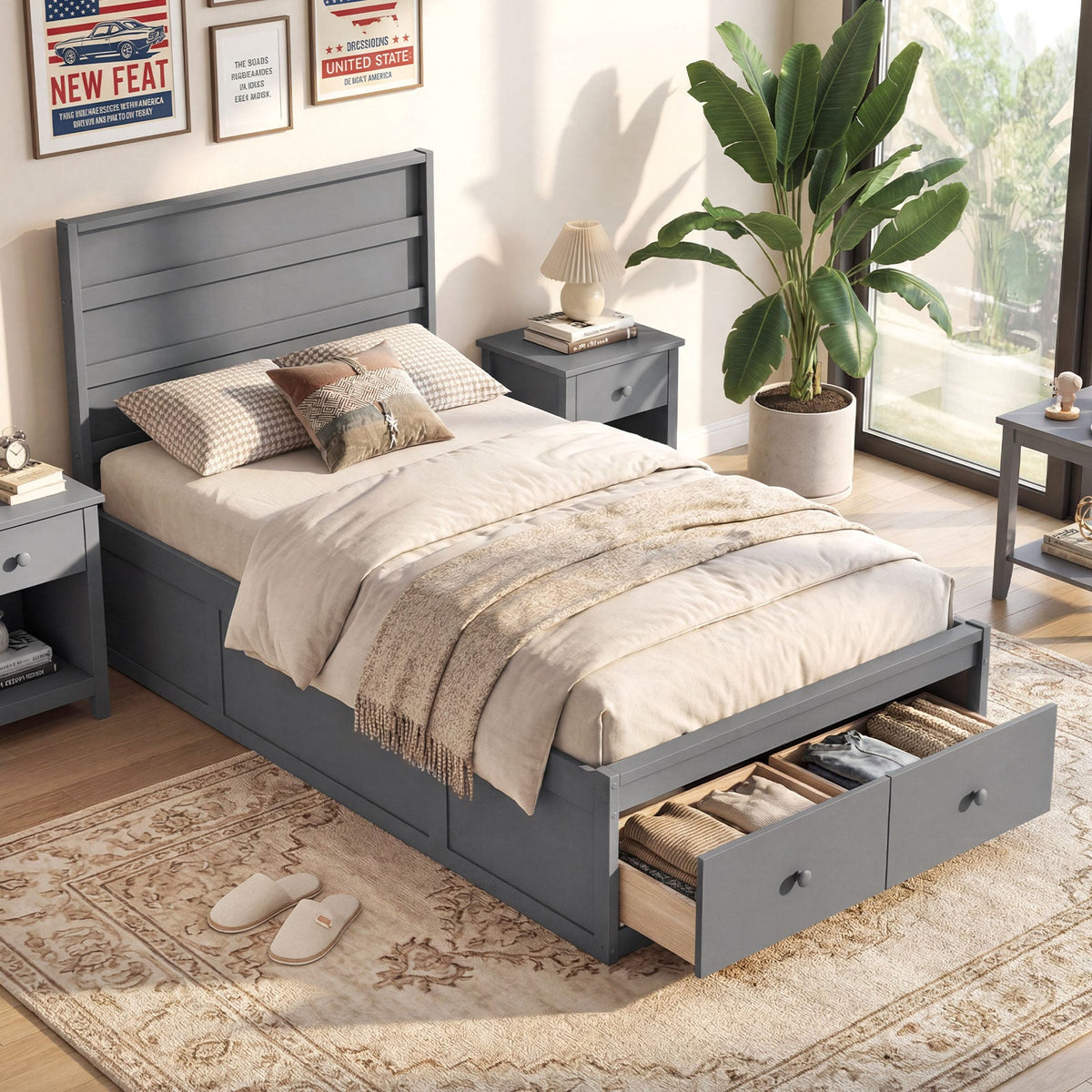 Twin Size Bed Frame with Storage Drawers and Headboard-Simple Bed Frame-DECOROLALA