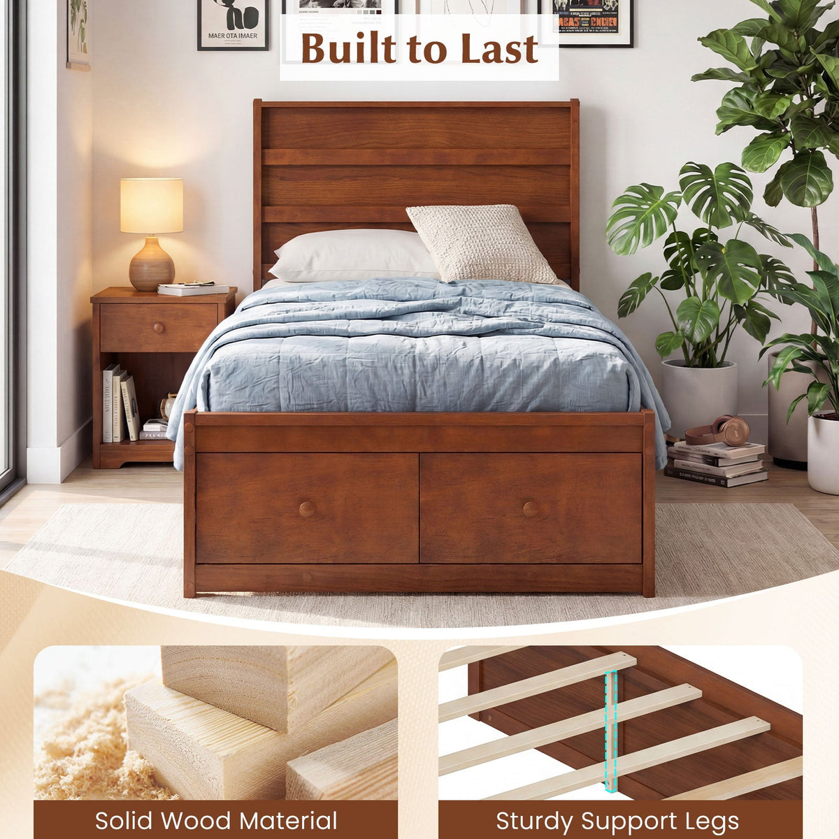 Twin Size Bed Frame with Storage Drawers and Headboard-Simple Bed Frame-DECOROLALA