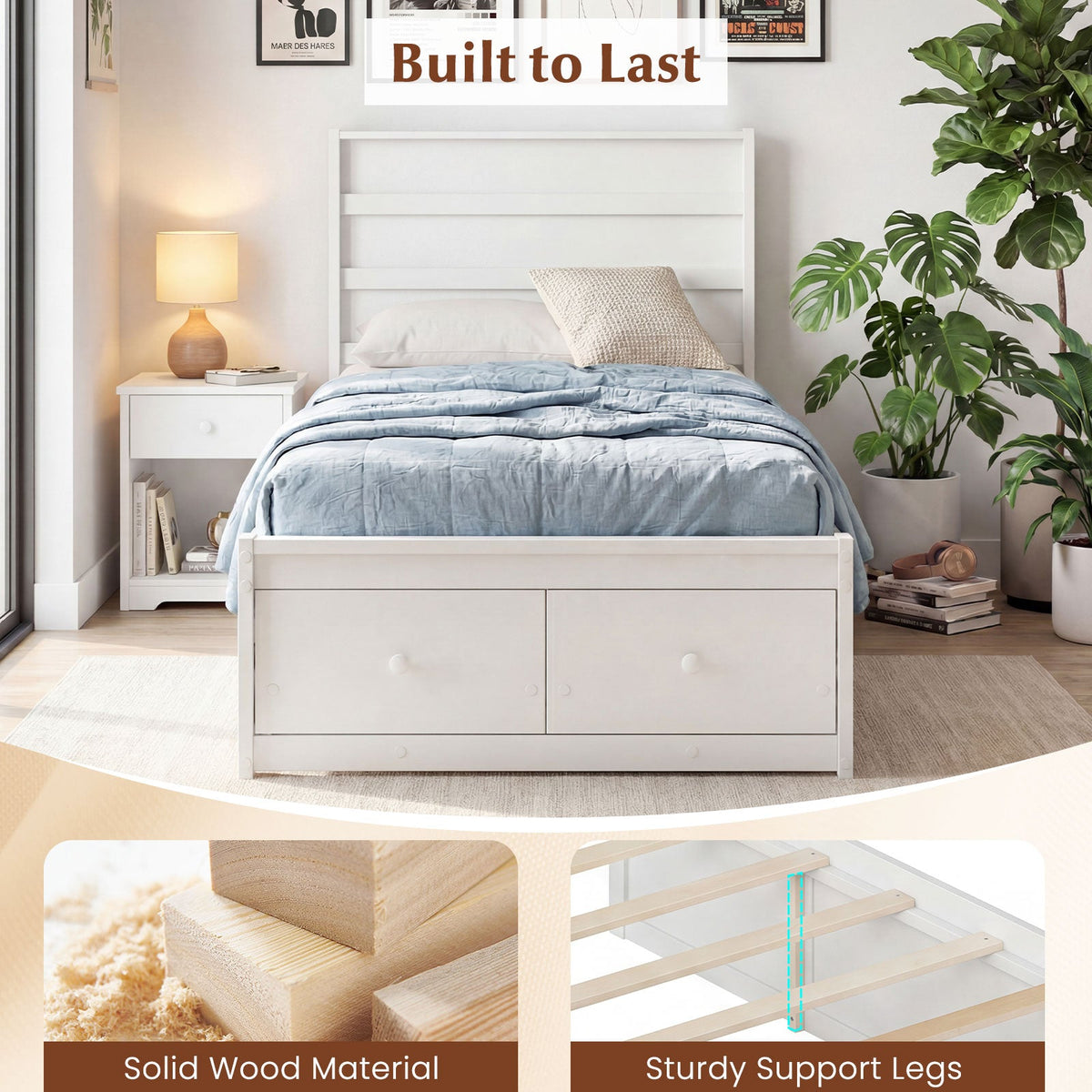 Twin Size Bed Frame with Storage Drawers and Headboard-Simple Bed Frame-DECOROLALA