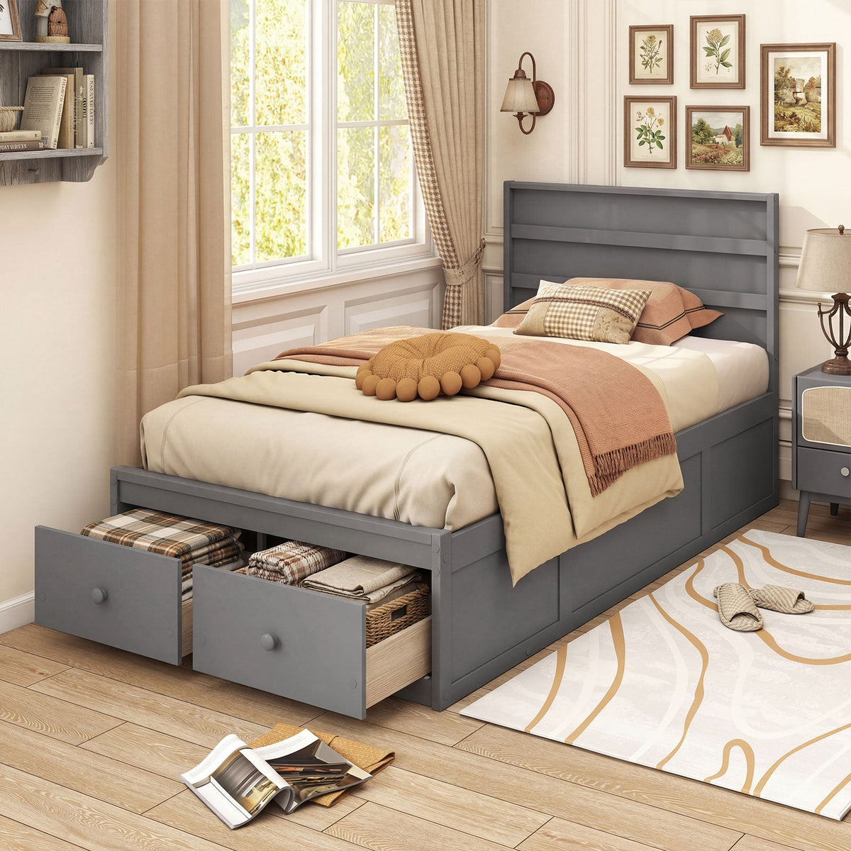 Twin Size Bed Frame with Storage Drawers and Headboard-Simple Bed Frame-DECOROLALA