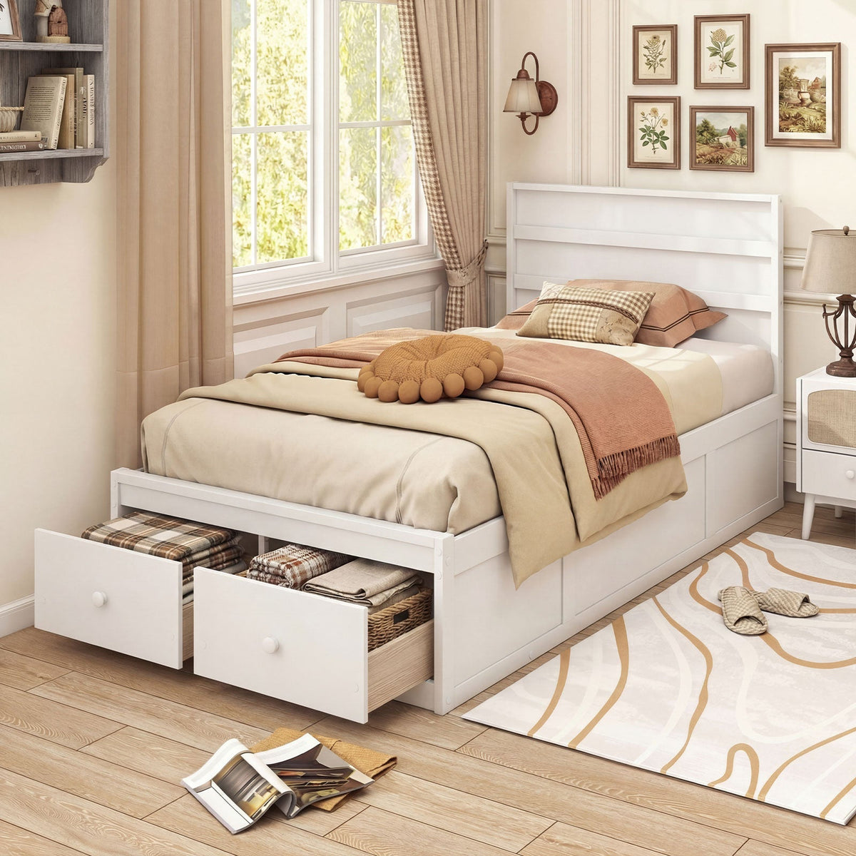 Twin Size Bed Frame with Storage Drawers and Headboard-Simple Bed Frame-DECOROLALA