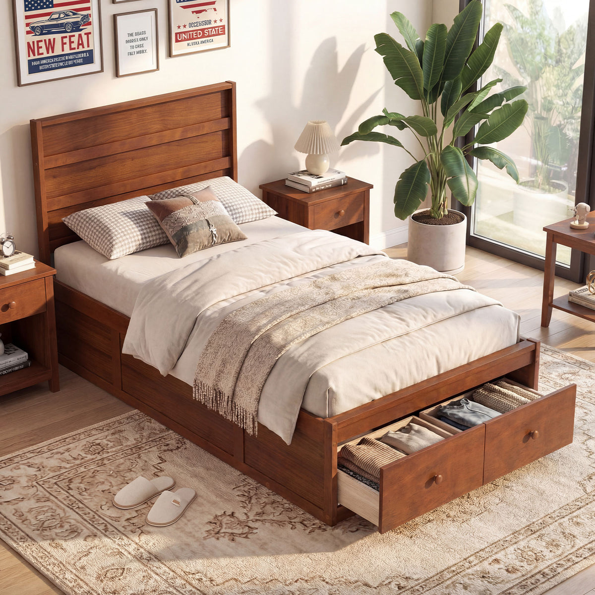 Twin Size Bed Frame with Storage Drawers and Headboard-Walnut-Simple Bed Frame-DECOROLALA