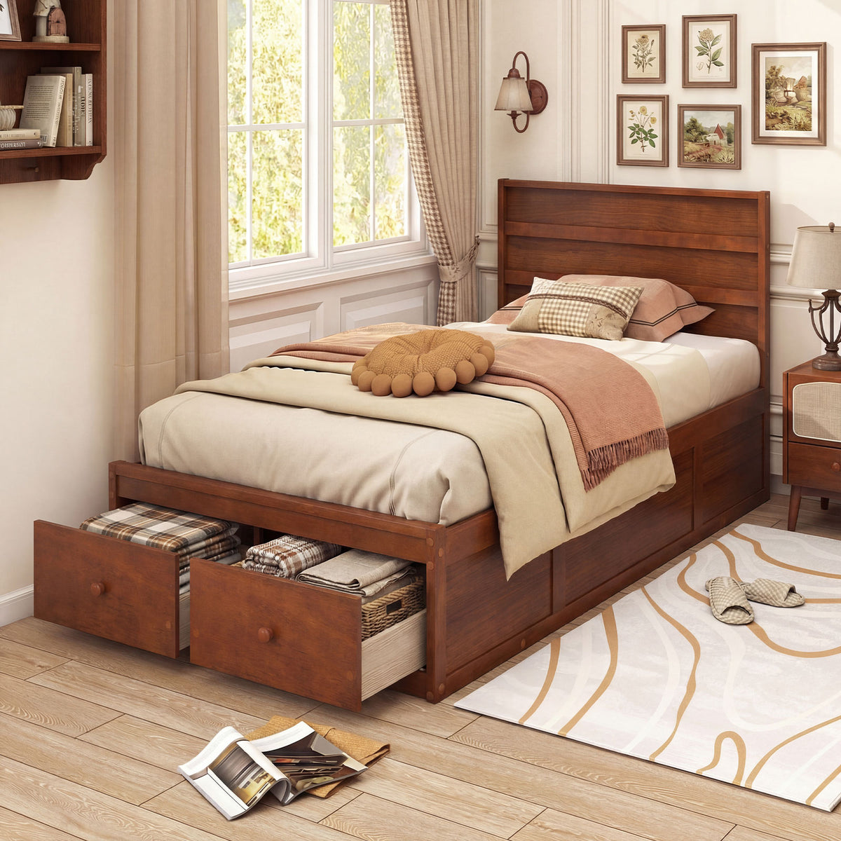 Twin Size Bed Frame with Storage Drawers and Headboard-Walnut-Simple Bed Frame-DECOROLALA