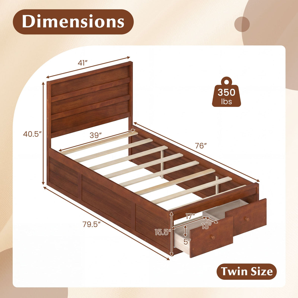 Twin Size Bed Frame with Storage Drawers and Headboard-Walnut-Simple Bed Frame-DECOROLALA
