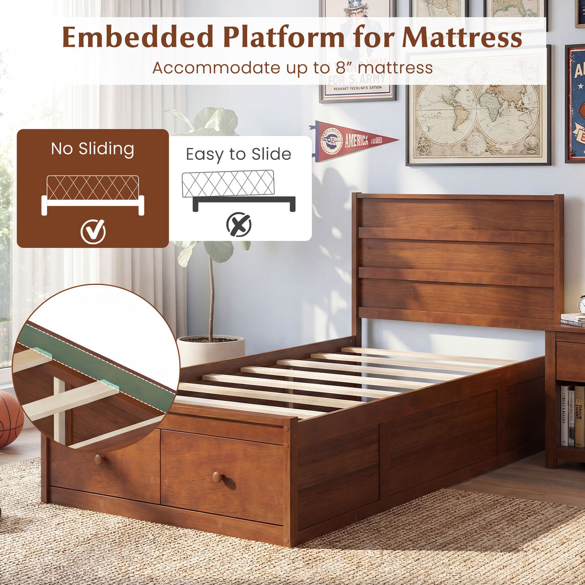 Twin Size Bed Frame with Storage Drawers and Headboard-Walnut-Simple Bed Frame-DECOROLALA