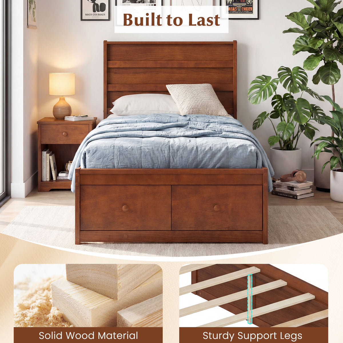 Twin Size Bed Frame with Storage Drawers and Headboard-Walnut-Simple Bed Frame-DECOROLALA