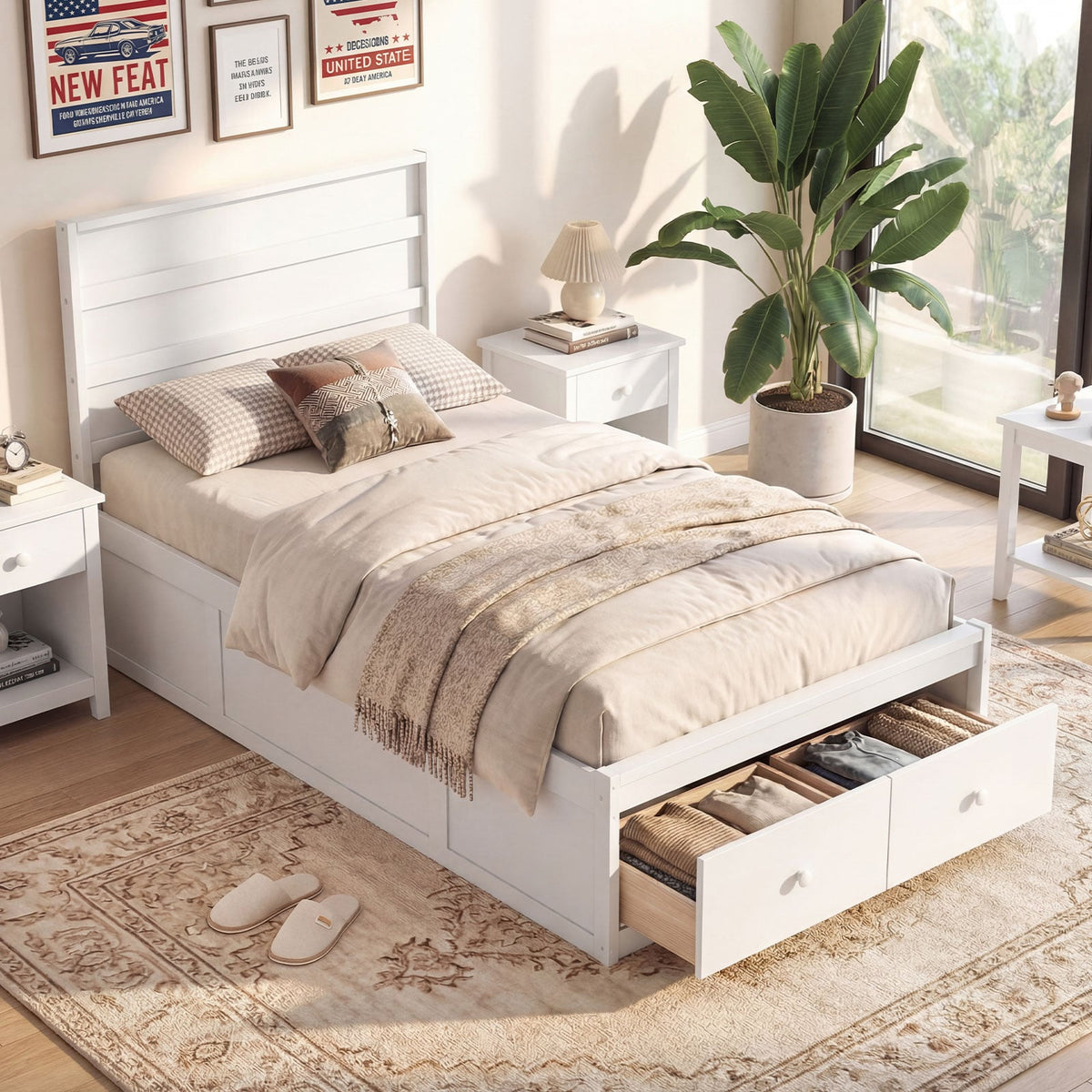 Twin Size Bed Frame with Storage Drawers and Headboard-White-Simple Bed Frame-DECOROLALA