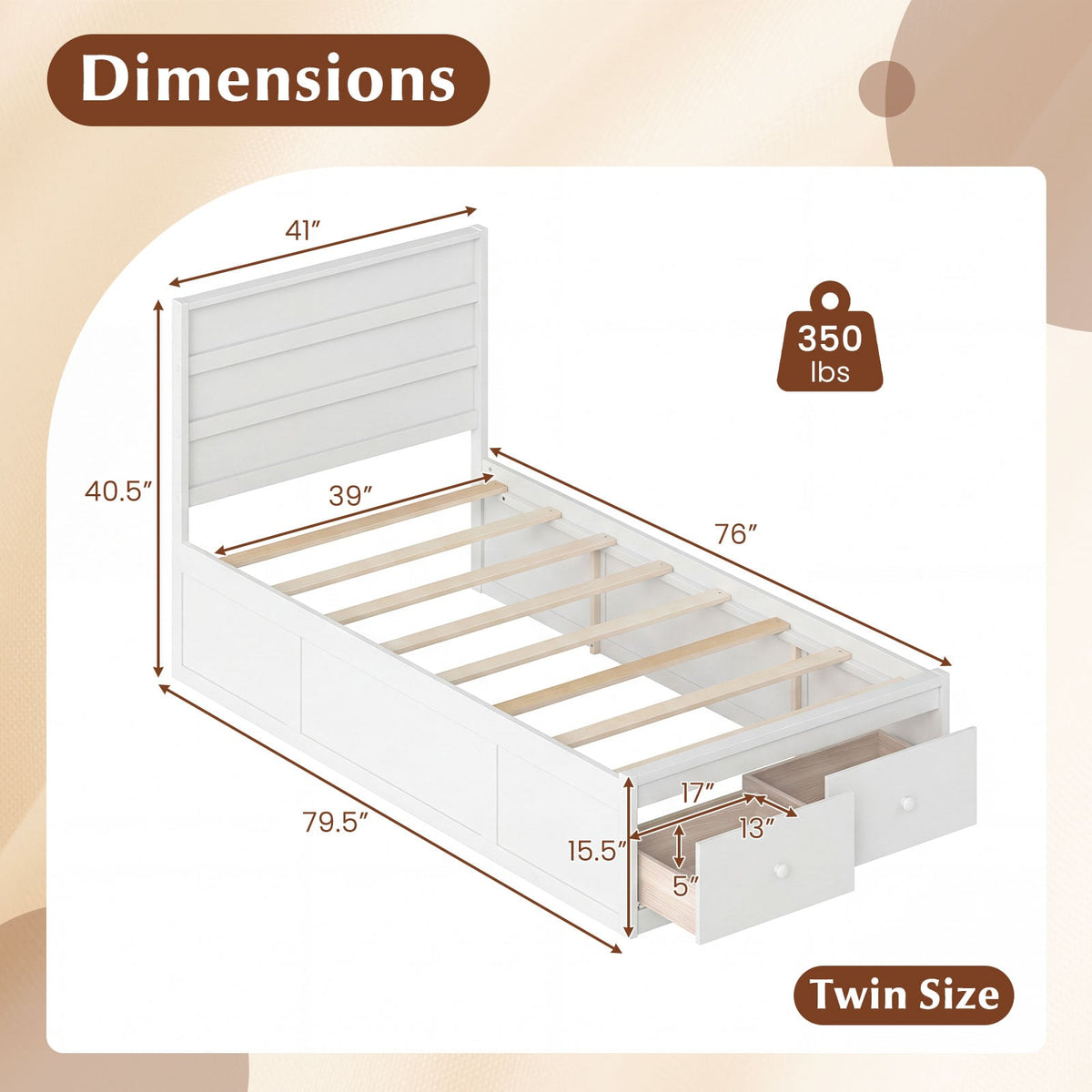 Twin Size Bed Frame with Storage Drawers and Headboard-White-Simple Bed Frame-DECOROLALA