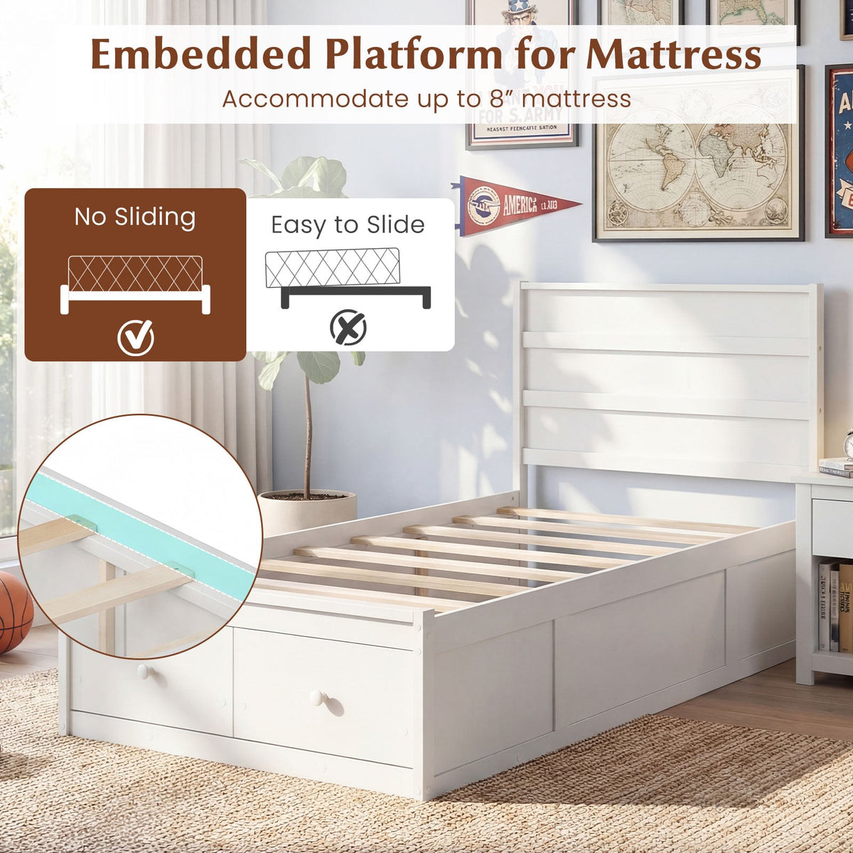 Twin Size Bed Frame with Storage Drawers and Headboard-White-Simple Bed Frame-DECOROLALA