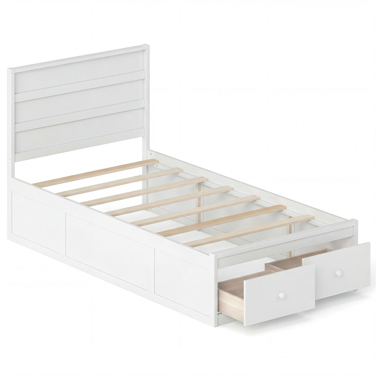 Twin Size Bed Frame with Storage Drawers and Headboard-White-Simple Bed Frame-DECOROLALA