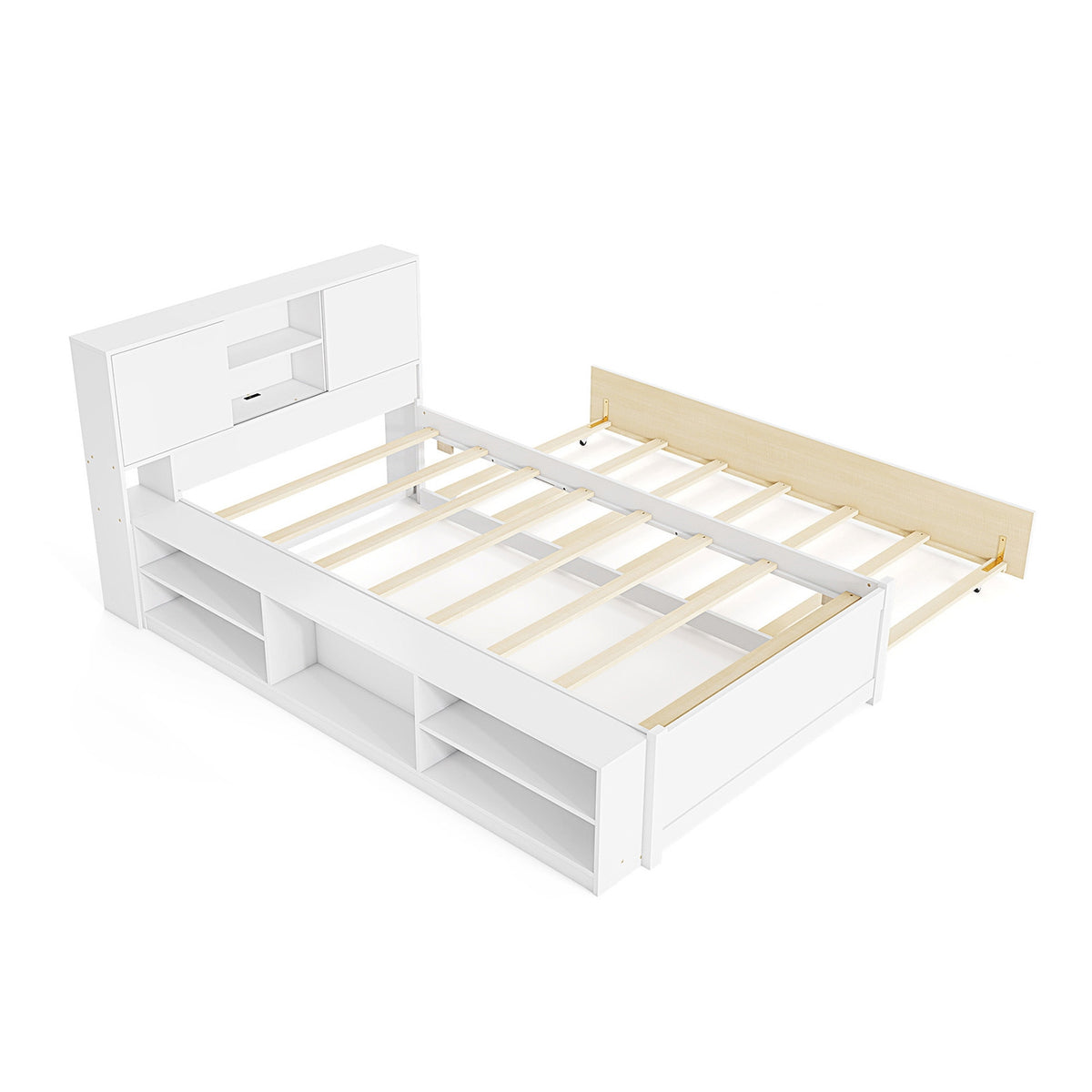 Twin Size Bed Frame with Trundle and Power Outlets-White-Trundle Bed Frame-DECOROLALA