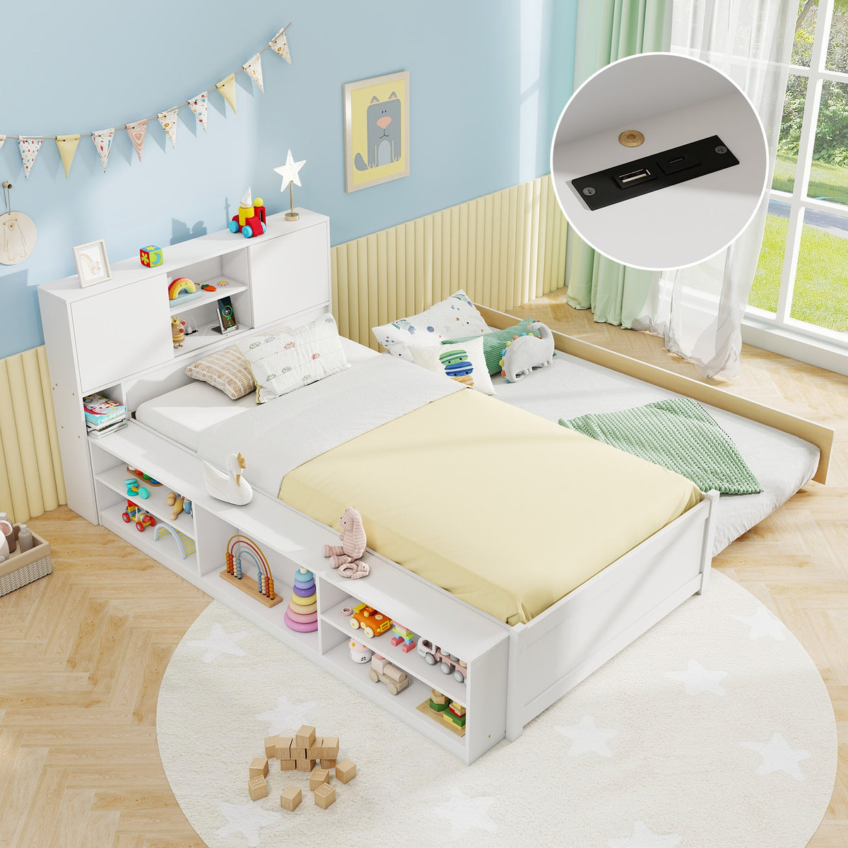 Twin Size Bed Frame with Trundle and Power Outlets-White-Trundle Bed Frame-DECOROLALA