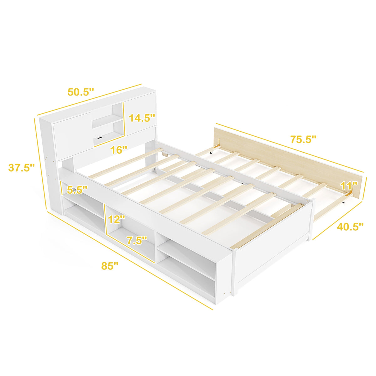 Twin Size Bed Frame with Trundle and Power Outlets-White-Trundle Bed Frame-DECOROLALA