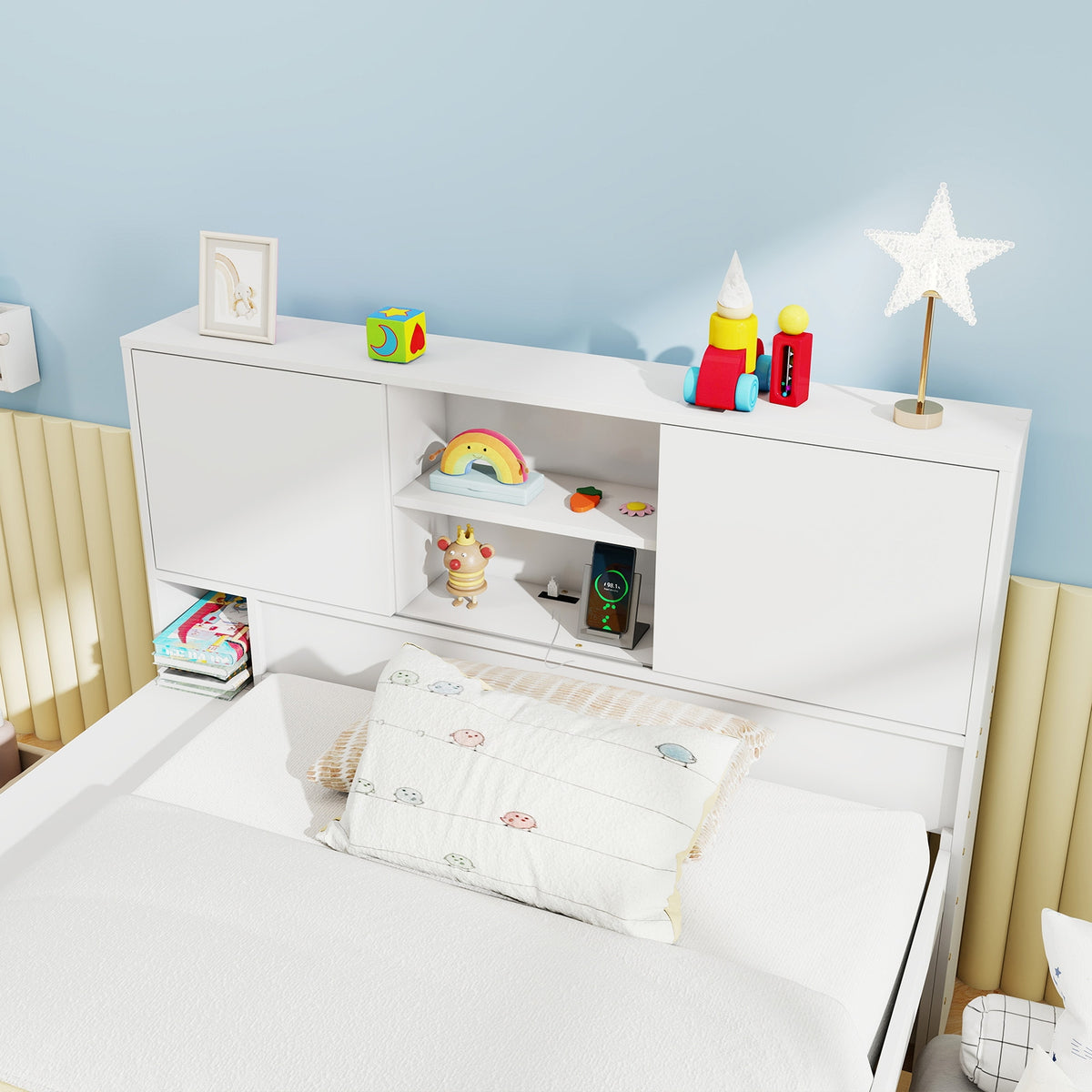 Twin Size Bed Frame with Trundle and Power Outlets-White-Trundle Bed Frame-DECOROLALA