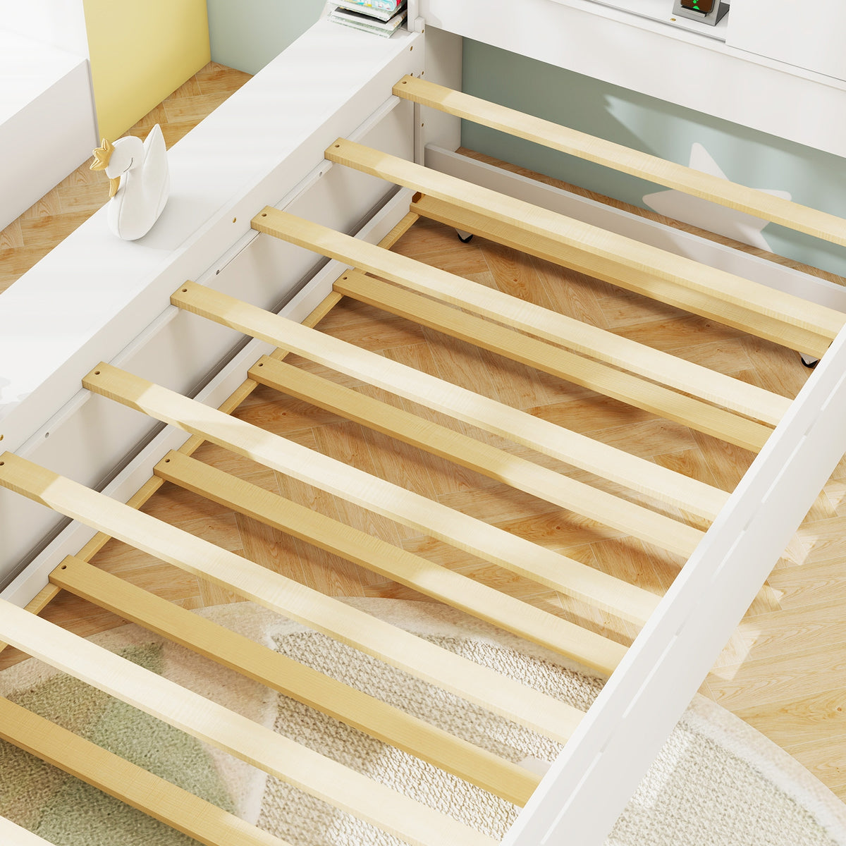 Twin Size Bed Frame with Trundle and Power Outlets-White-Trundle Bed Frame-DECOROLALA