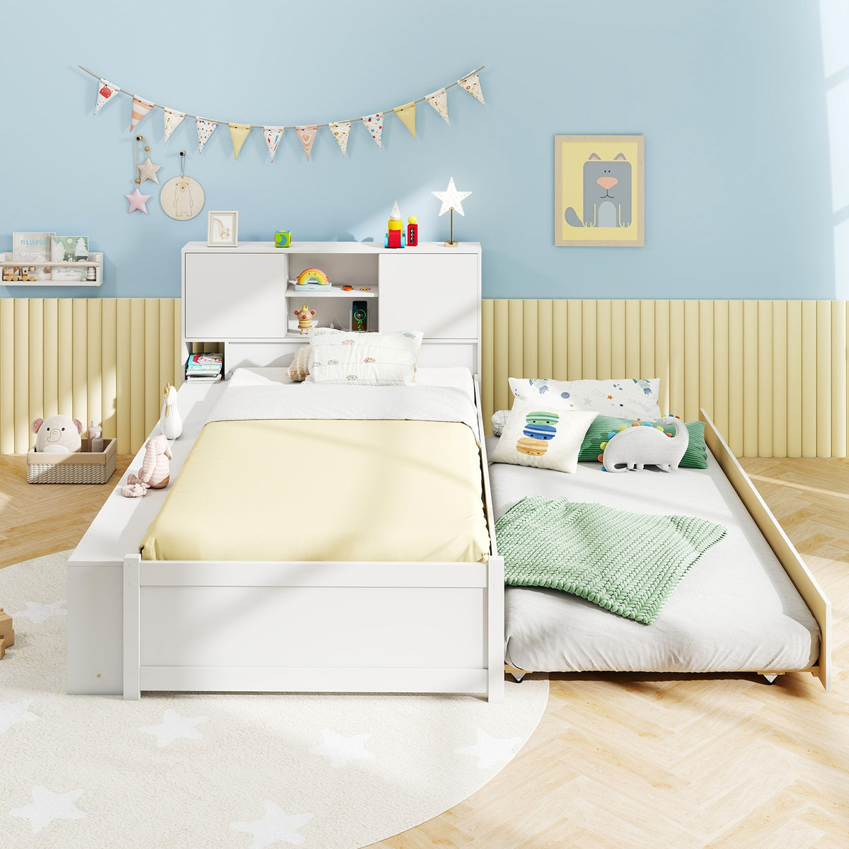Twin Size Bed Frame with Trundle and Power Outlets-White-Trundle Bed Frame-DECOROLALA