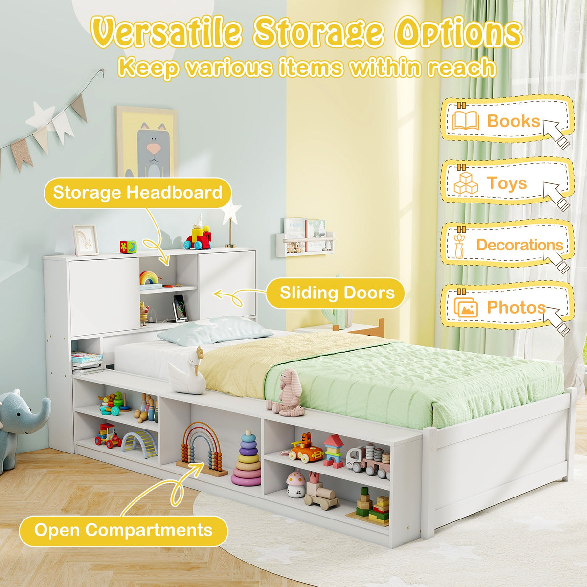 Twin Size Bed Frame with Trundle and Power Outlets-White-Trundle Bed Frame-DECOROLALA