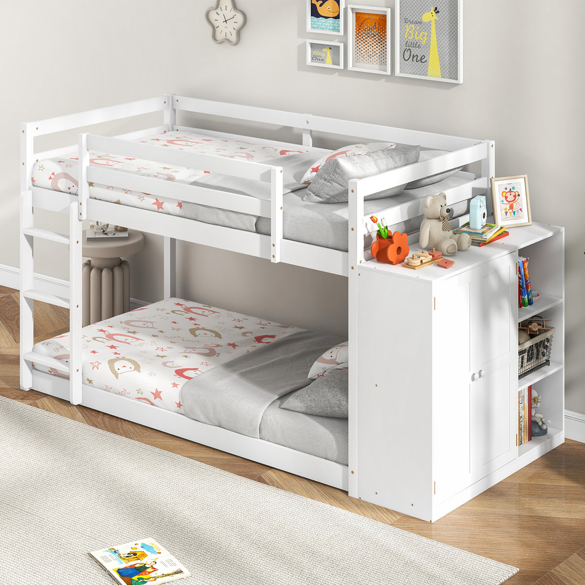 Twin Size Bunk Bed with Convertible Bookcase and Ladder-White-Toddler Beds-DECOROLALA