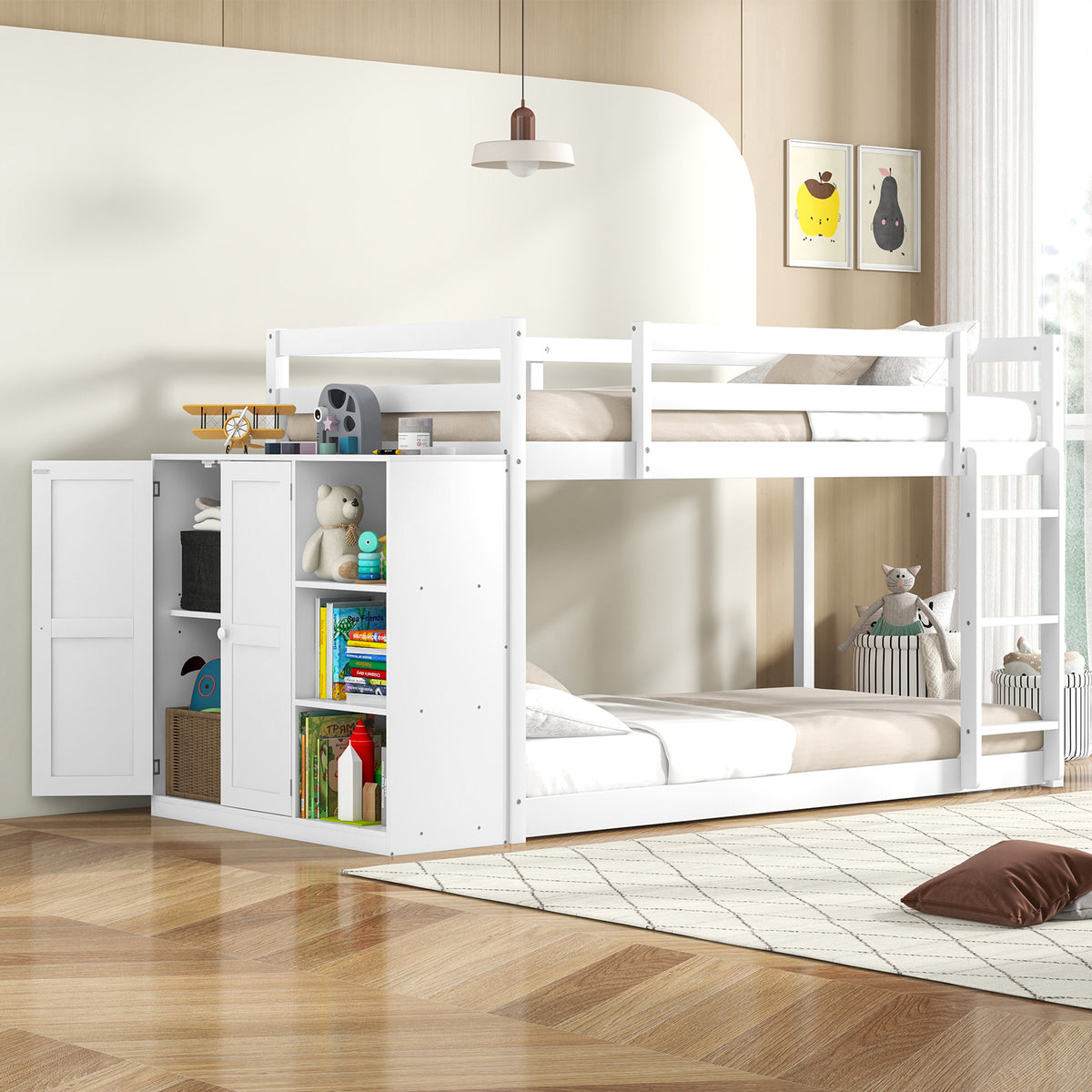 Twin Size Bunk Bed with Convertible Bookcase and Ladder-White-Toddler Beds-DECOROLALA