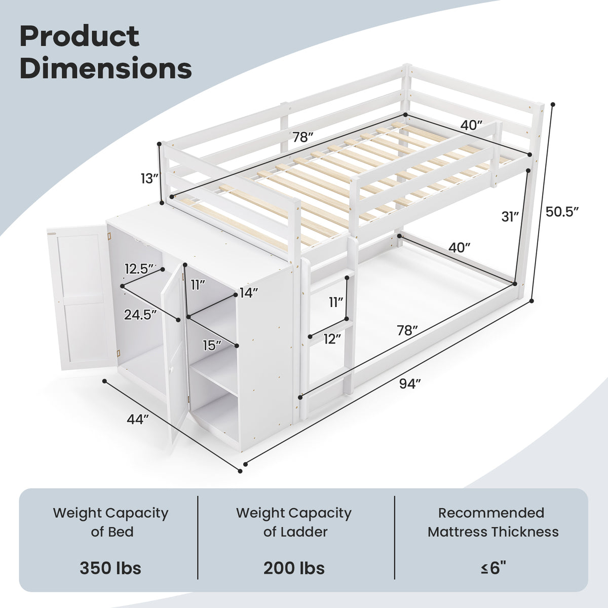 Twin Size Bunk Bed with Convertible Bookcase and Ladder-White-Toddler Beds-DECOROLALA