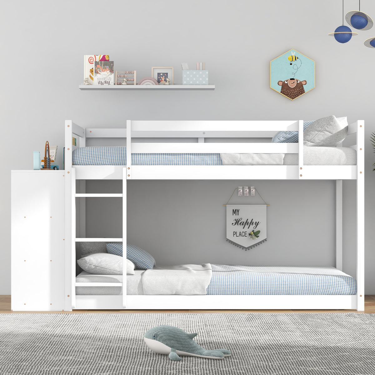 Twin Size Bunk Bed with Convertible Bookcase and Ladder-White-Toddler Beds-DECOROLALA