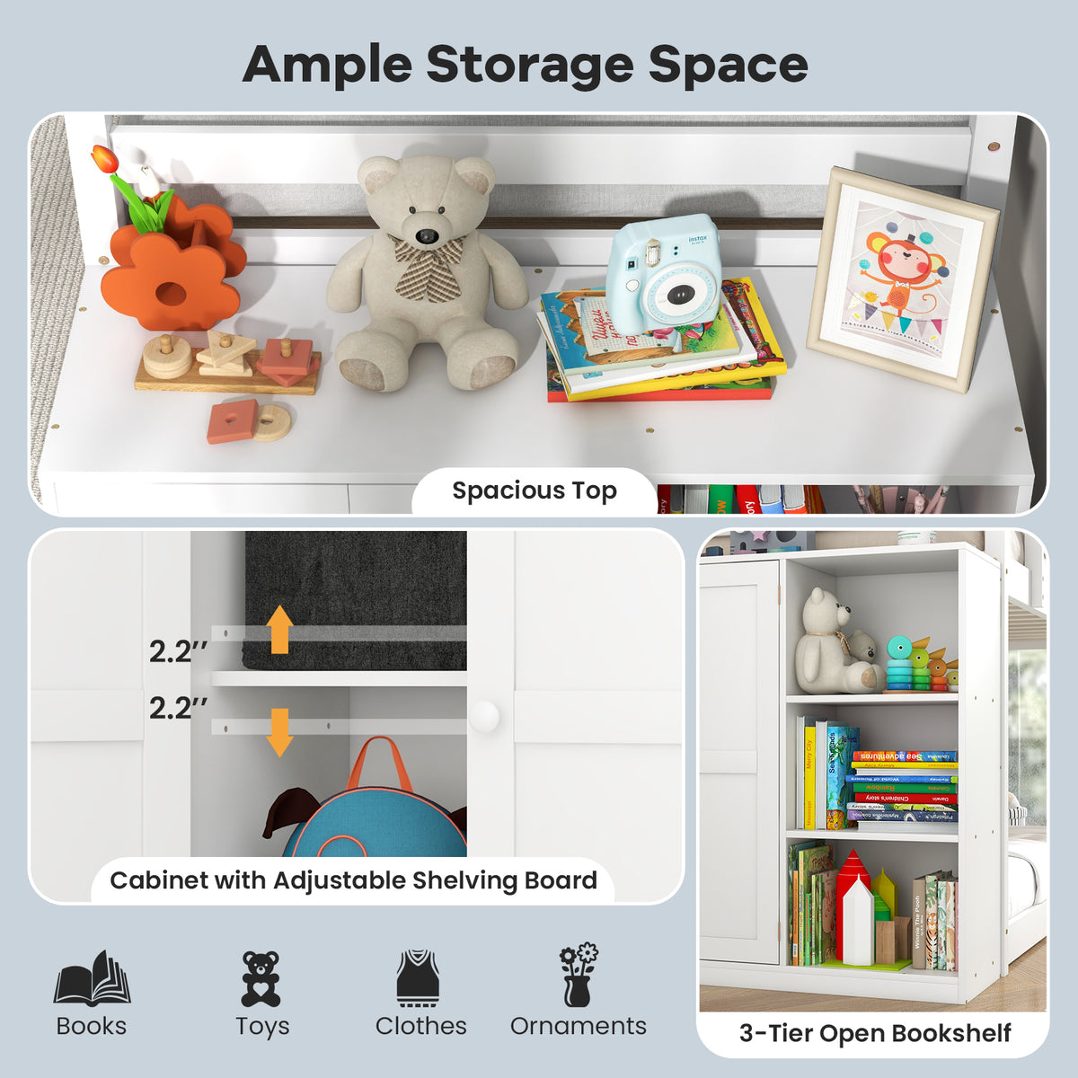 Twin Size Bunk Bed with Convertible Bookcase and Ladder-White-Toddler Beds-DECOROLALA