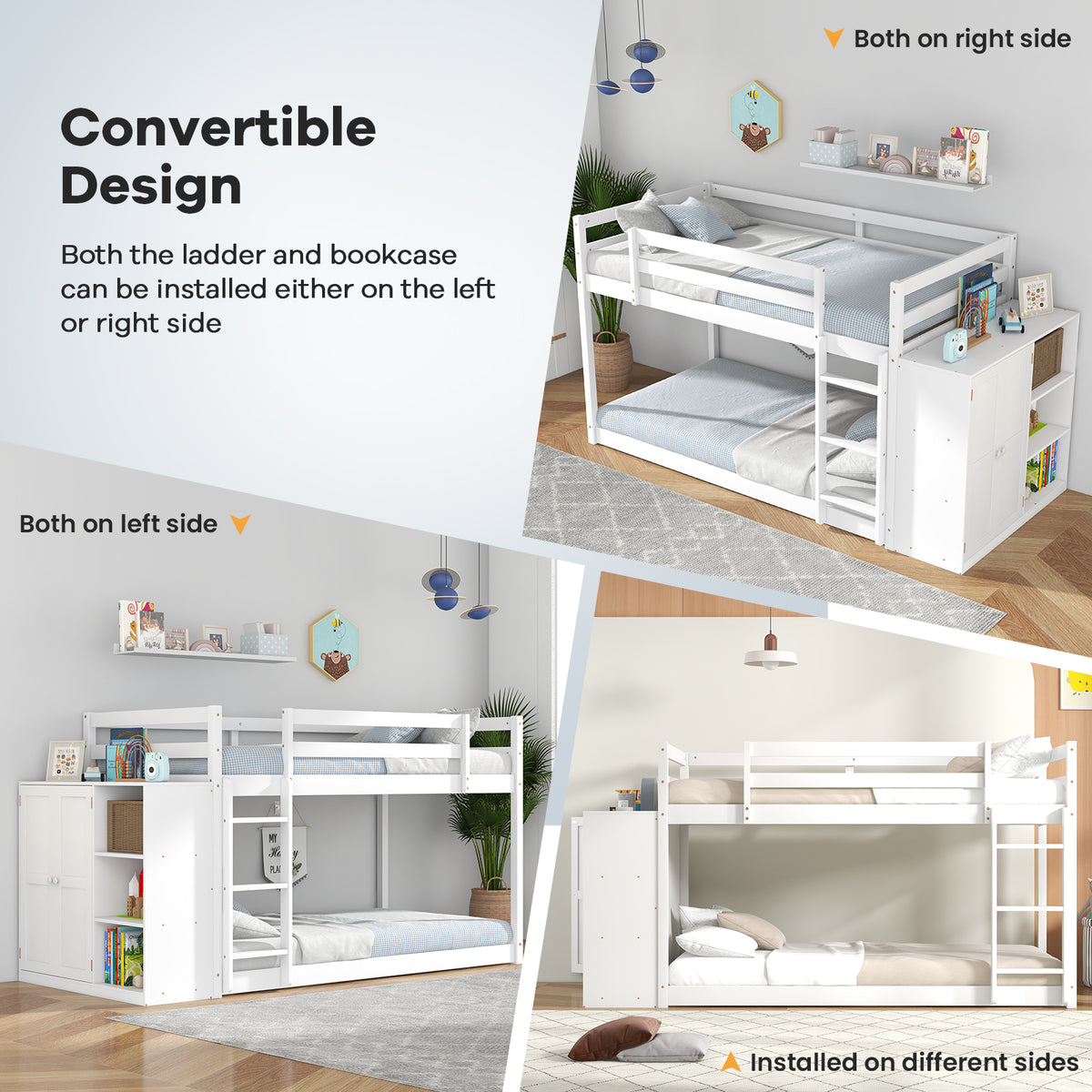 Twin Size Bunk Bed with Convertible Bookcase and Ladder-White-Toddler Beds-DECOROLALA