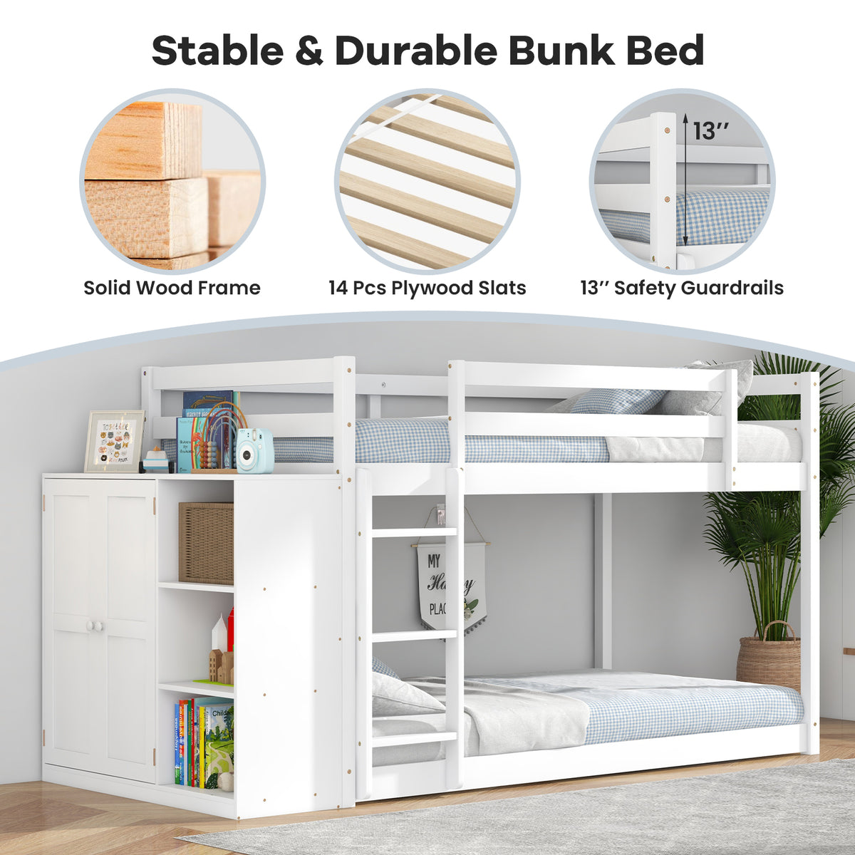Twin Size Bunk Bed with Convertible Bookcase and Ladder-White-Toddler Beds-DECOROLALA