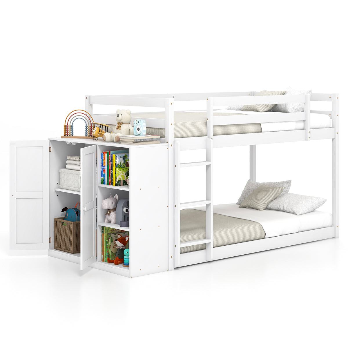 Twin Size Bunk Bed with Convertible Bookcase and Ladder-White-Toddler Beds-DECOROLALA