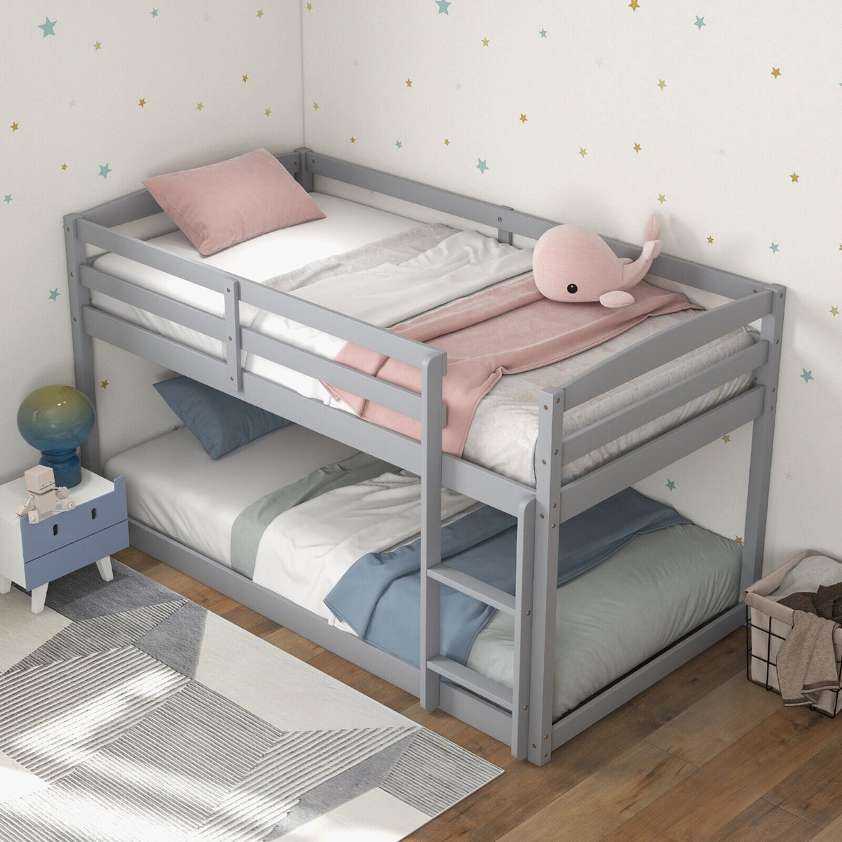Twin Size Bunk Bed with High Guardrails and Integrated Ladder-Gray-Toddler Beds-DECOROLALA