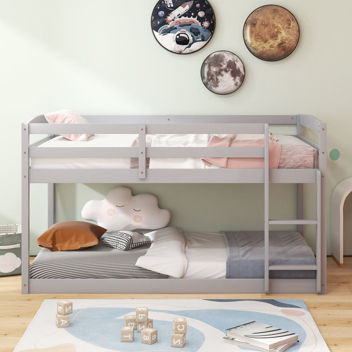 Twin Size Bunk Bed with High Guardrails and Integrated Ladder-Gray-Toddler Beds-DECOROLALA