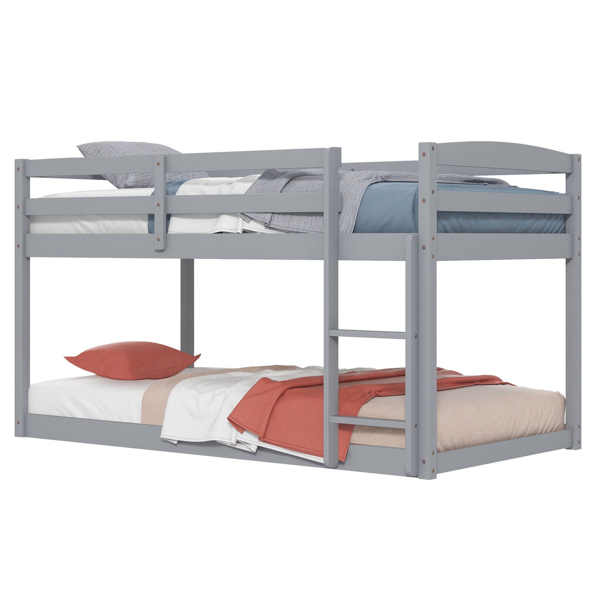 Twin Size Bunk Bed with High Guardrails and Integrated Ladder-Gray-Toddler Beds-DECOROLALA