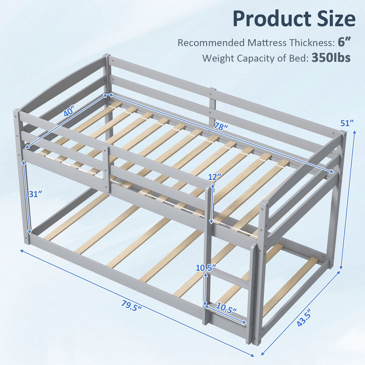 Twin Size Bunk Bed with High Guardrails and Integrated Ladder-Gray-Toddler Beds-DECOROLALA