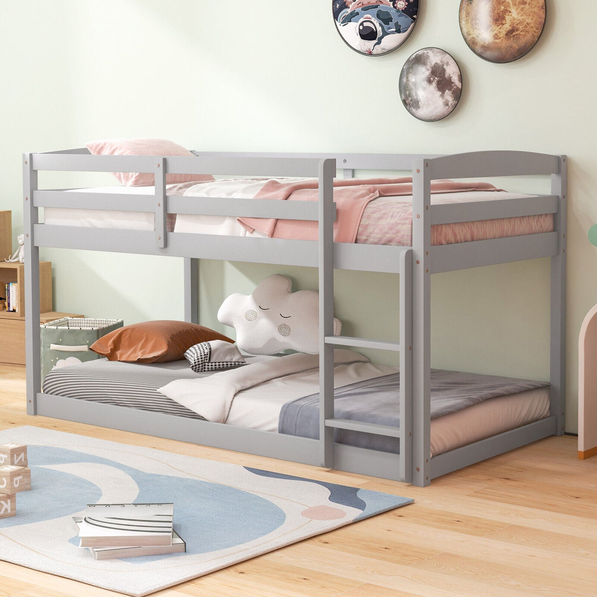 Twin Size Bunk Bed with High Guardrails and Integrated Ladder-Gray-Toddler Beds-DECOROLALA