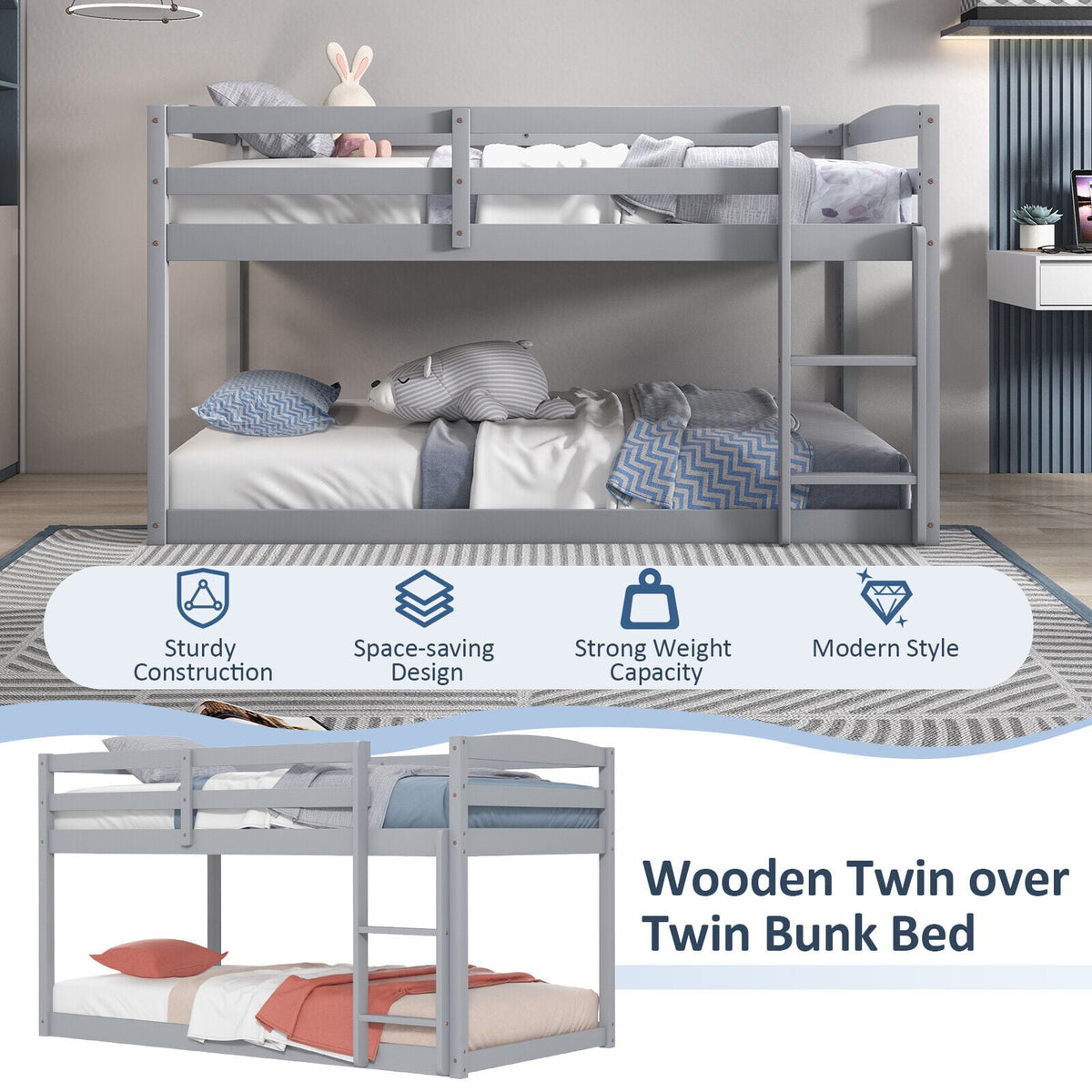 Twin Size Bunk Bed with High Guardrails and Integrated Ladder-Gray-Toddler Beds-DECOROLALA