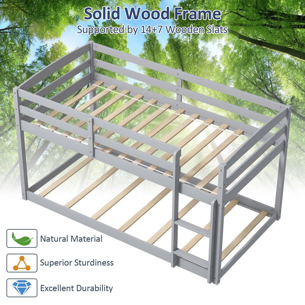 Twin Size Bunk Bed with High Guardrails and Integrated Ladder-Gray-Toddler Beds-DECOROLALA